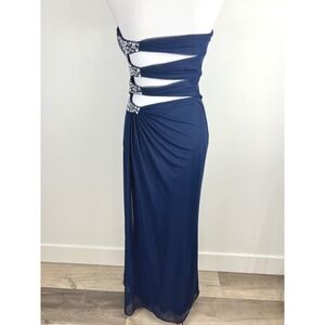 Xscape Navy Blue Strapless Ruched Gown Embellished Waist Long Formal Evening